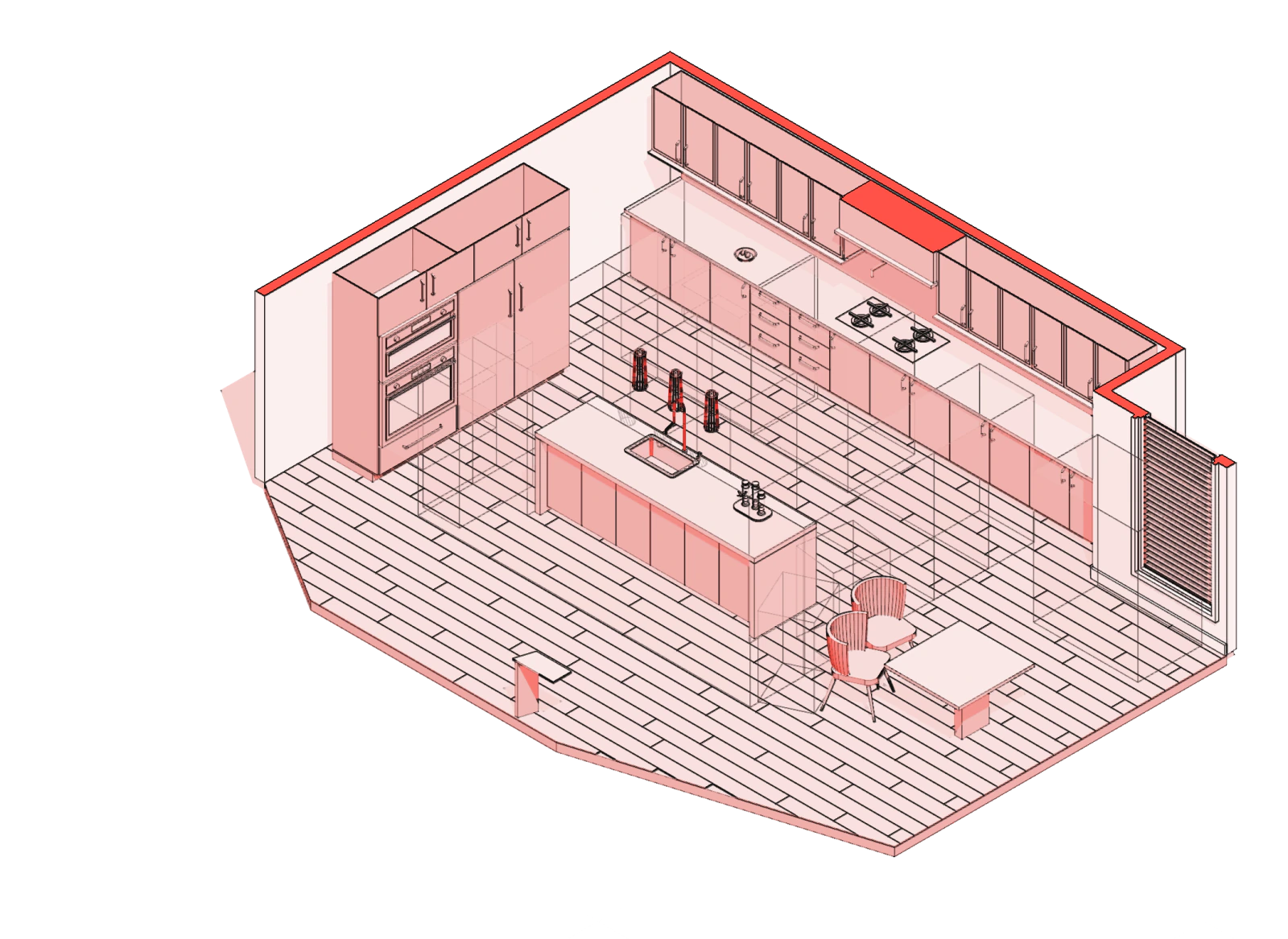 interior kitchen — exact model in red, pink, white and black