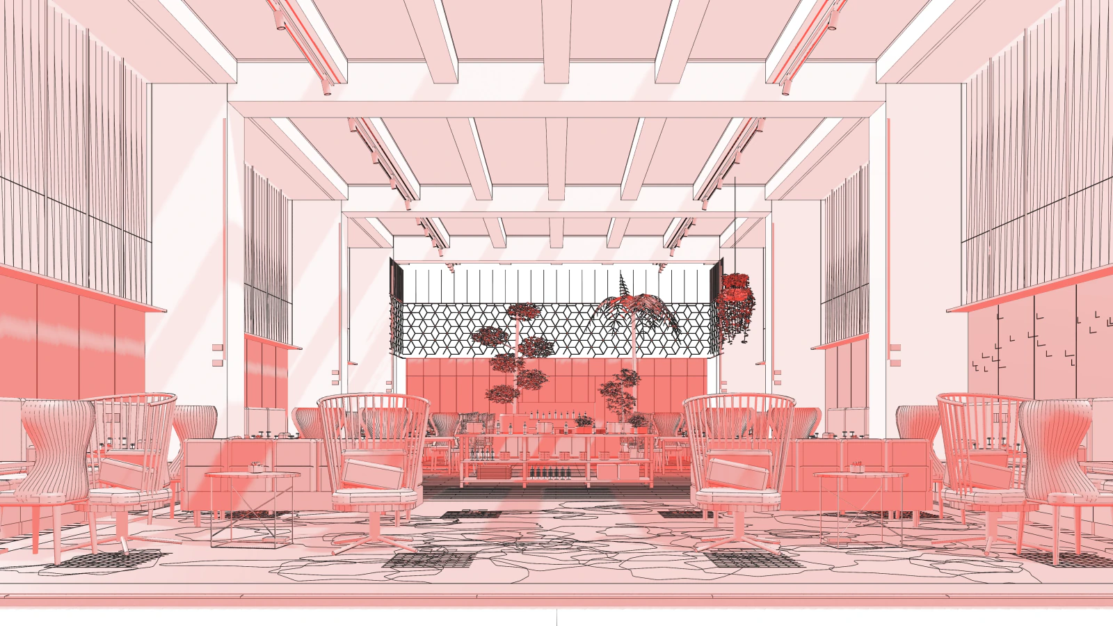 One-point view of the Cartesian restaurant study, with model geometry shown in red, pink, white and black.