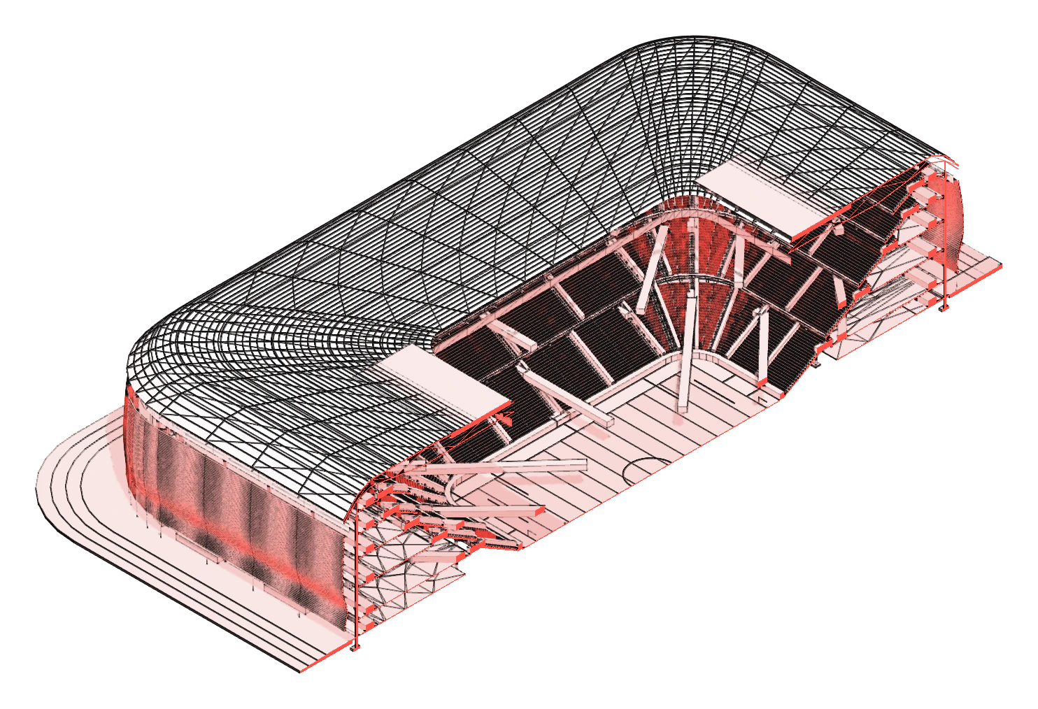 stadium long section — exact model in red, pink, white and black