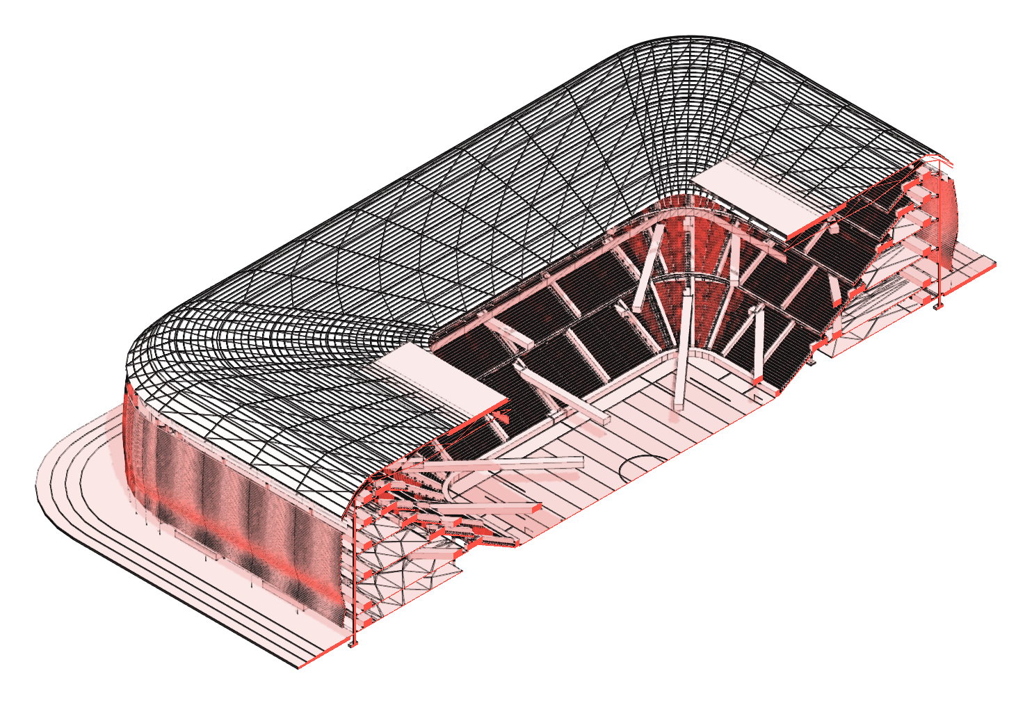 stadium long section — exact model in red, pink, white and black