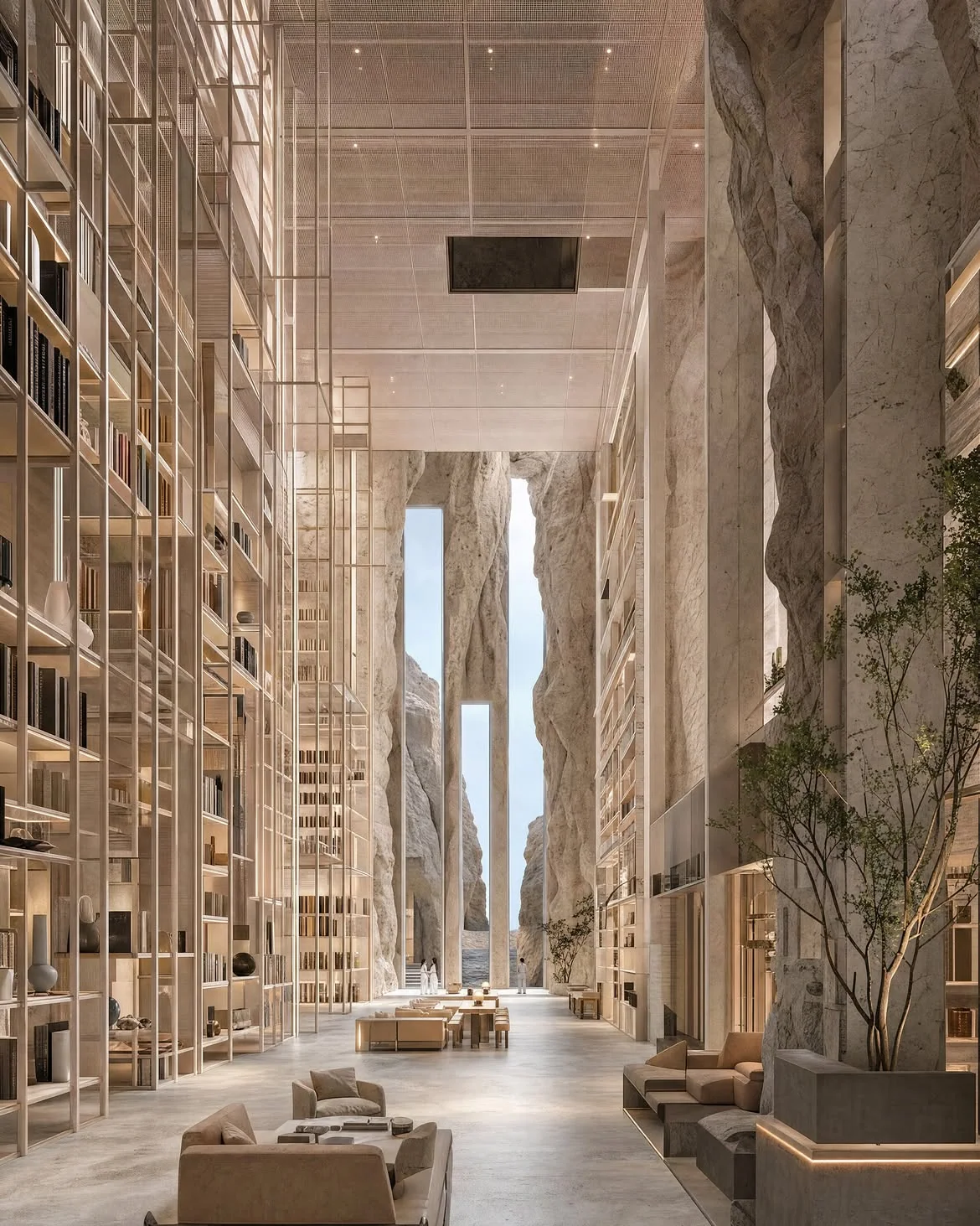 A light-filled library within monumental stone walls