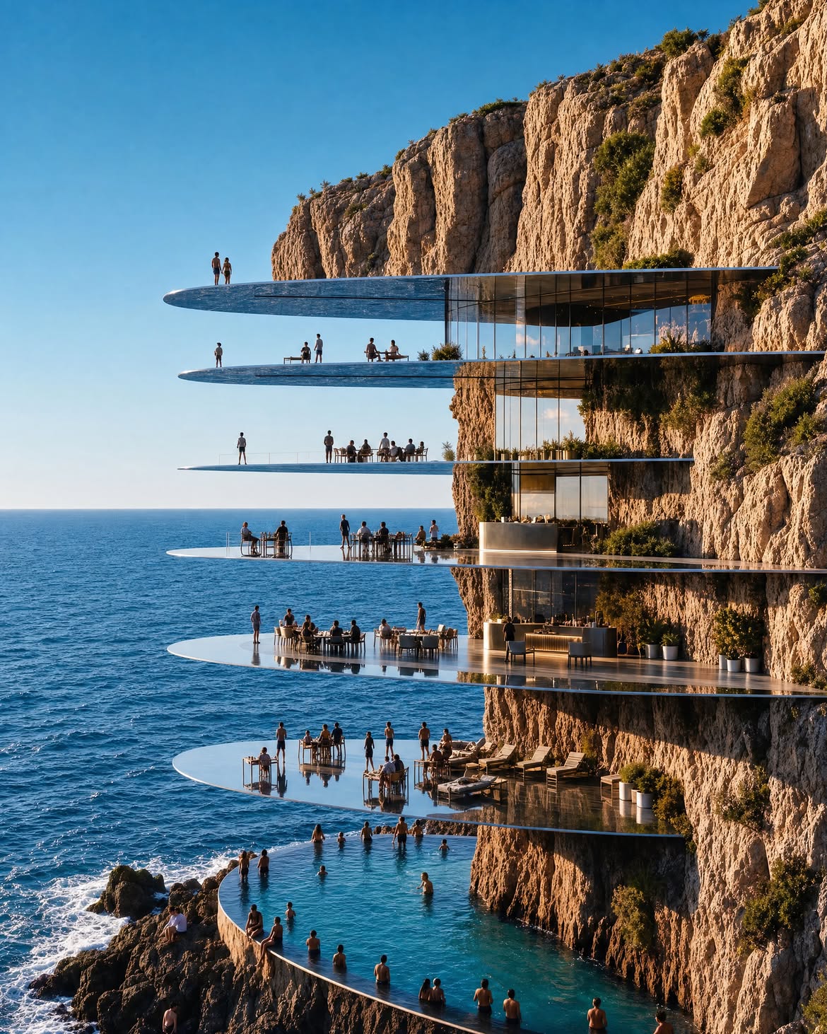 Reflective building terraces cantilevered from a coastal cliff above the sea